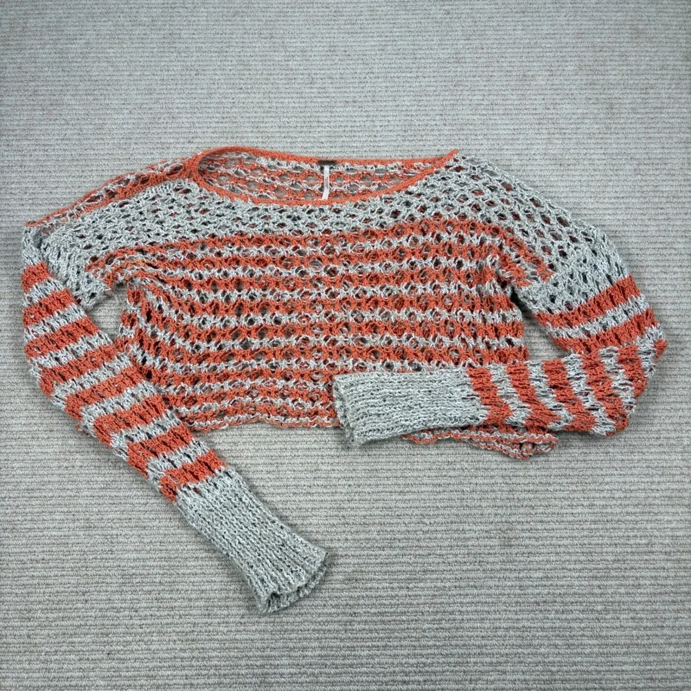 Free People Cropped Sweater Womens M Crochet Open Knit Orange Gray Striped Boho